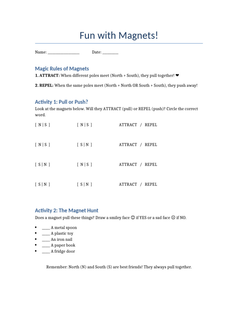 Magnet Worksheet Primary 1 | PDF