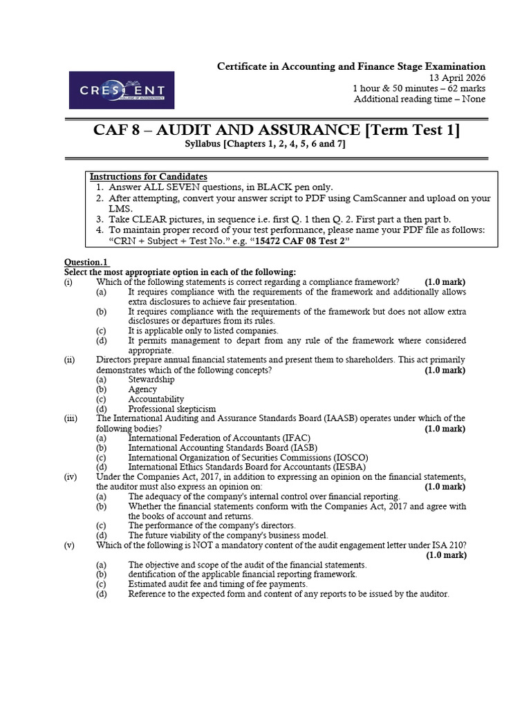 CAF 08 Term Test 1 Question Paper | PDF | Going Concern | Audit