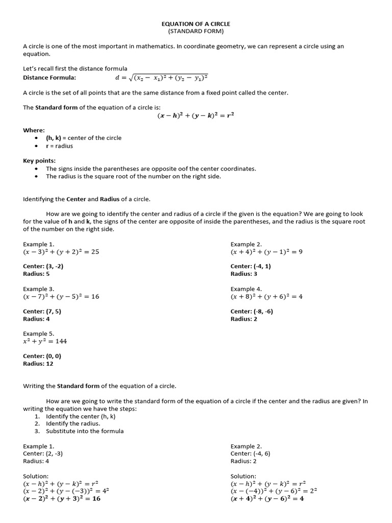 Module Equation of A Circle Standard Form | PDF | Circle | Equations