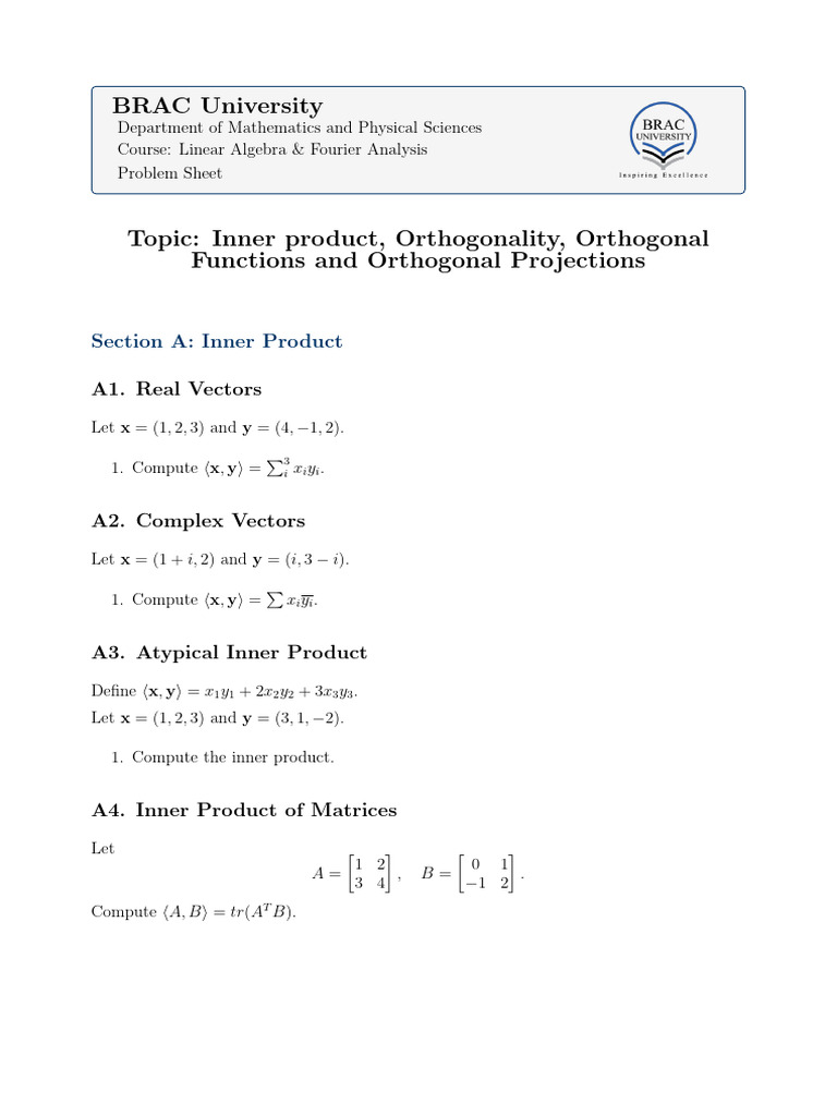 Central Practice Sheet On Inner Product and Orthogonality | PDF ...