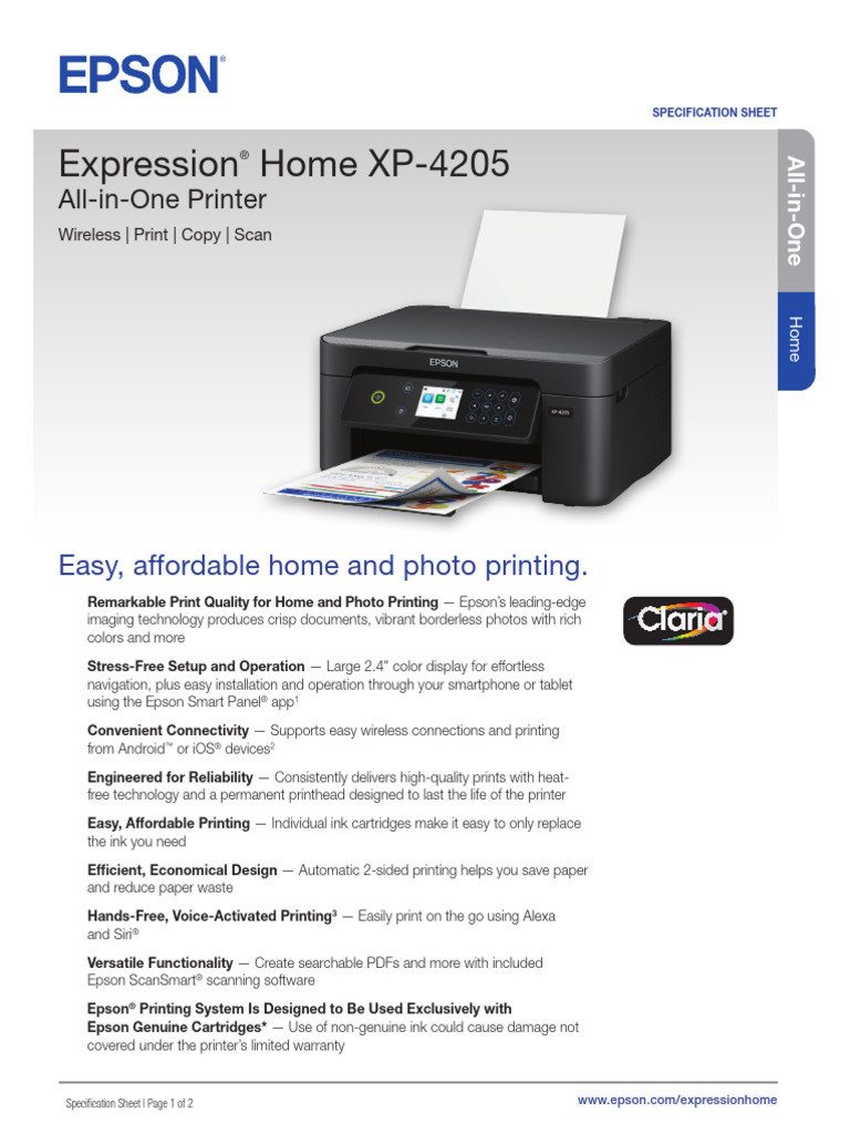 Expression Home XP-4205 Printer Specification Sheet CPD-62072R2 | PDF ...