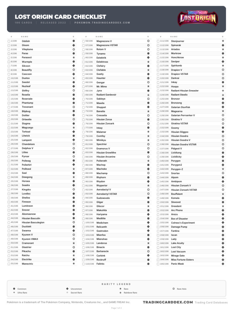 lost origin pokemon card list Prob a noob question, got this checklist for my sons Lost Origin set, but  the list stops at #196. What's up with #197 til #217 amd where can i find  that list? : r/PokemonTCG