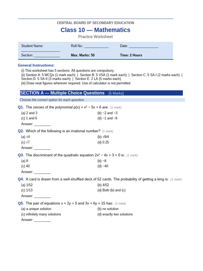 CBSE Class10 Maths Worksheet | PDF