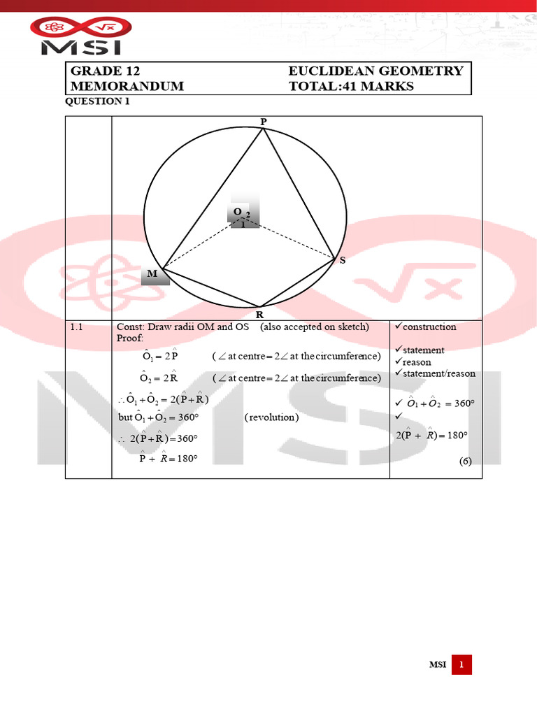 Euclidean Geometry Topic Test Grade 12 Memo | PDF | Elementary Geometry ...