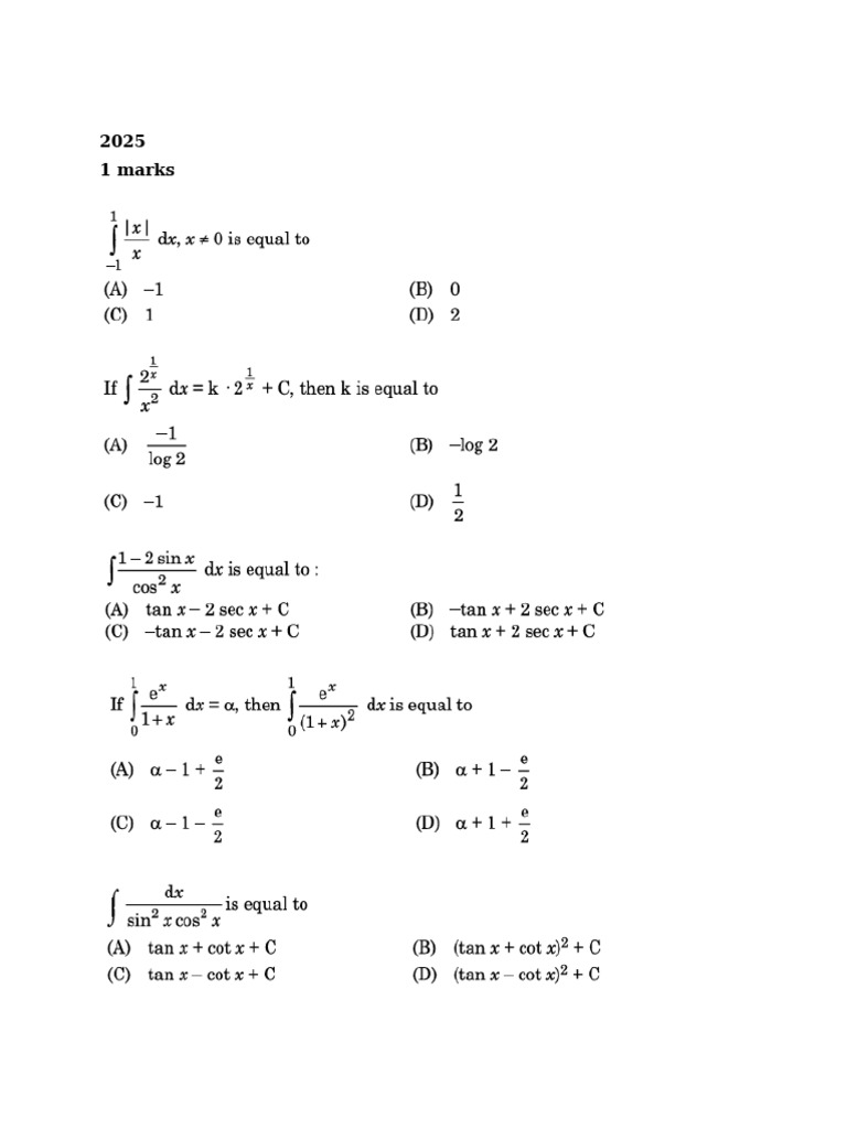 Class 12 CBSE Integrals Previous Year Questions | PDF