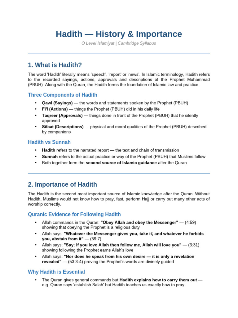 Hadith History Importance Notes | PDF | Hadith | Muhammad
