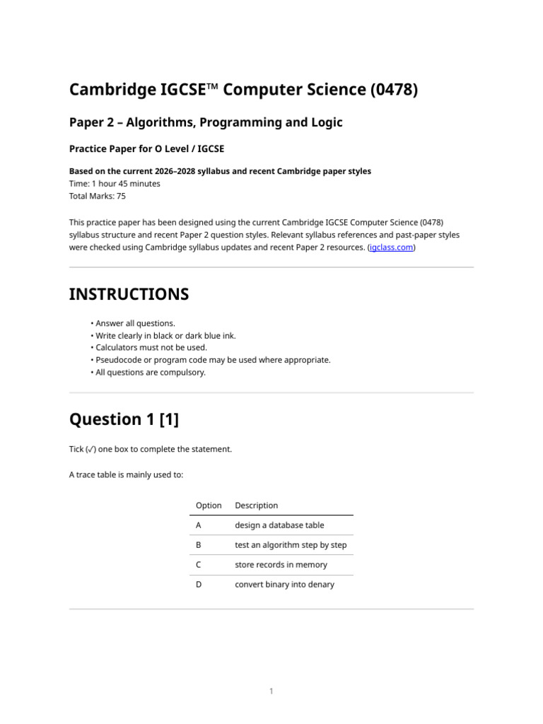 Igcse 0478 Paper2 Practice Paper With Solutions 2026 | PDF | Algorithms ...