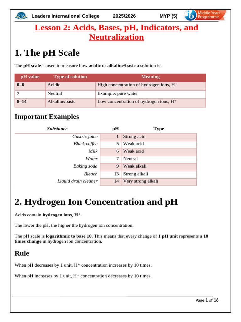 Lesson 2 Acids, Bases, PH, Indicators, And Neutralization - Copy | PDF ...