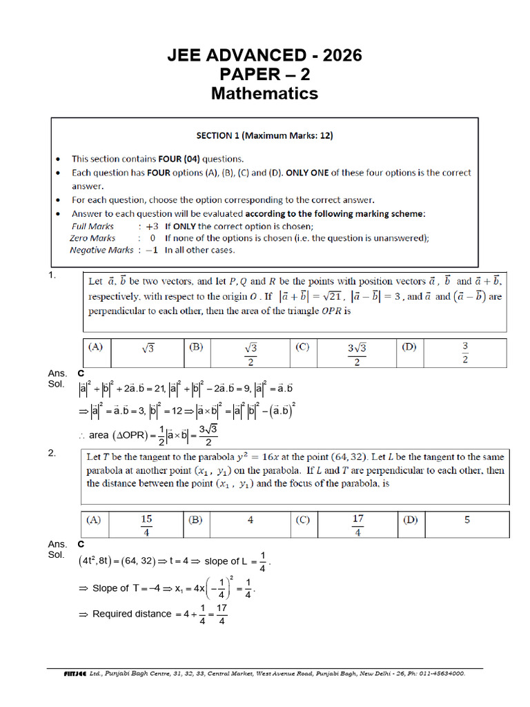 Answers & Solutions JEE-(Advanced)-2026 Paper-2 | PDF | Mathematical ...