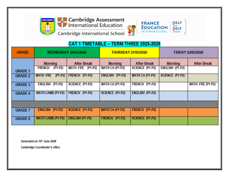 Cat 1 Term 3 Timetable 2025-2026 | PDF