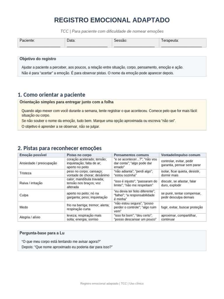 Registro Emocional Adaptado TCC Lu | PDF | Emoções | Ansiedade