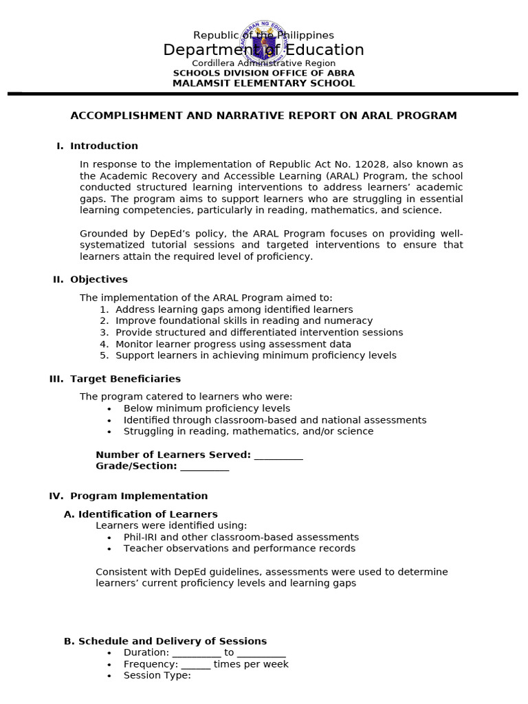 Accomplishment and Narrative Report on ARAL Program | PDF | Learning ...