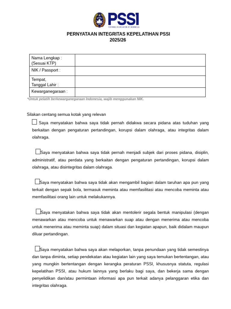 PSSI Coach Integrity Declaration Bahasa Template | PDF