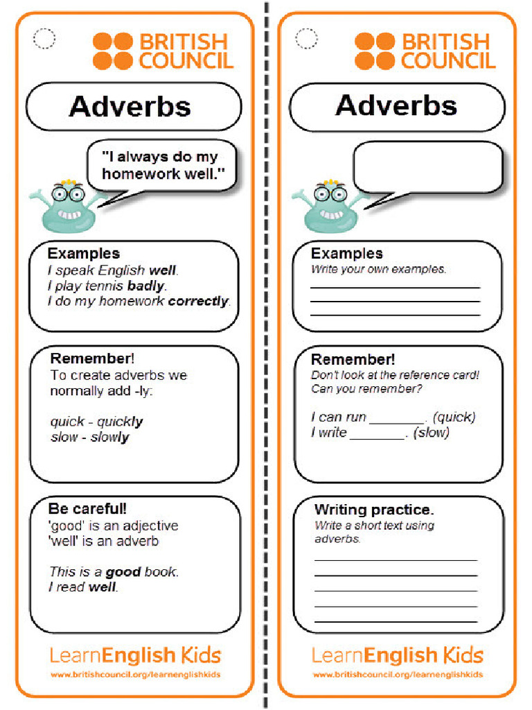 Grammar Practice Reference Card Adverbs | PDF