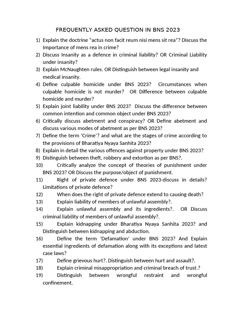 Frequently Asked Question in Bns 2023 | PDF