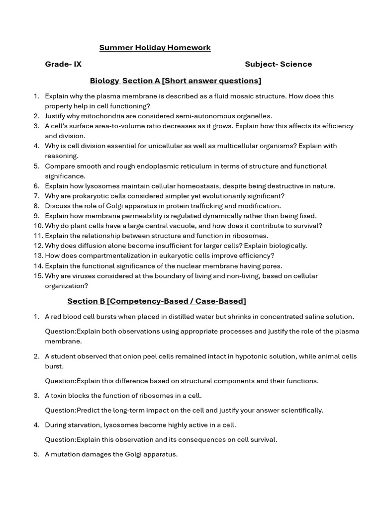 Grade 9 Holiday Homework Science | PDF | Cell (Biology) | Evaporation