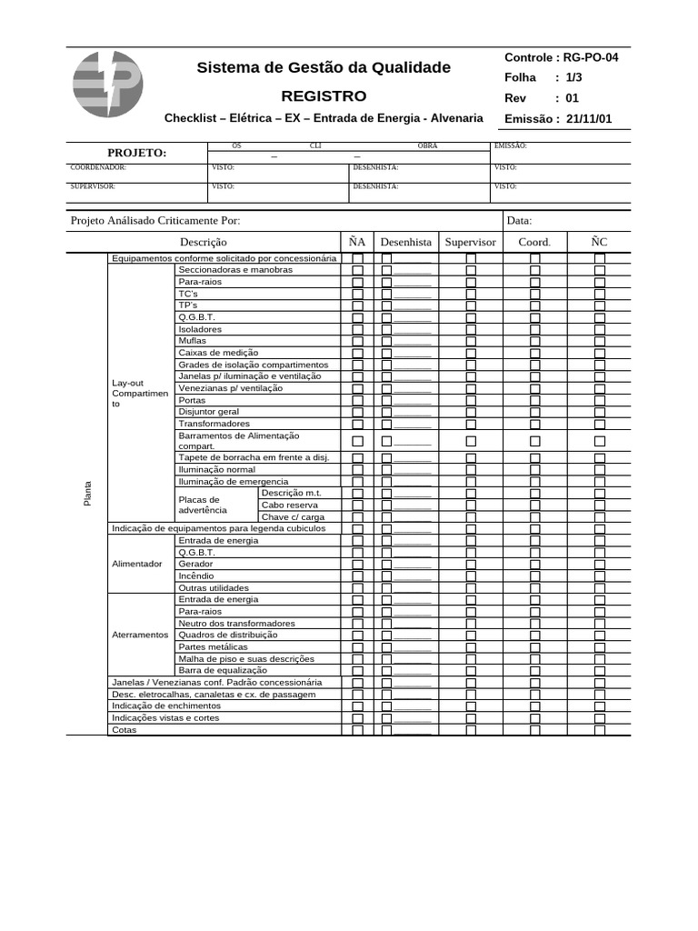 RG-PO-04-Checklist Elétrica - EX E.E. Alvenaria | PDF | Componentes ...