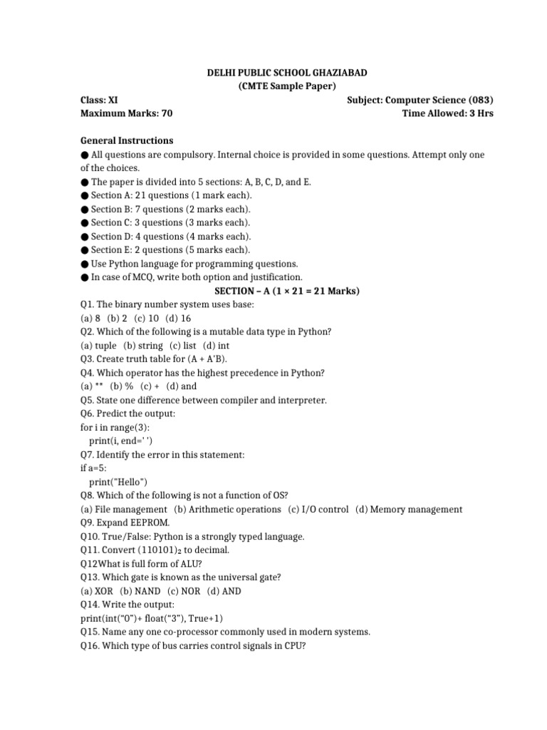 11 CompSc Sample Paper | PDF | Computing | Computer Engineering