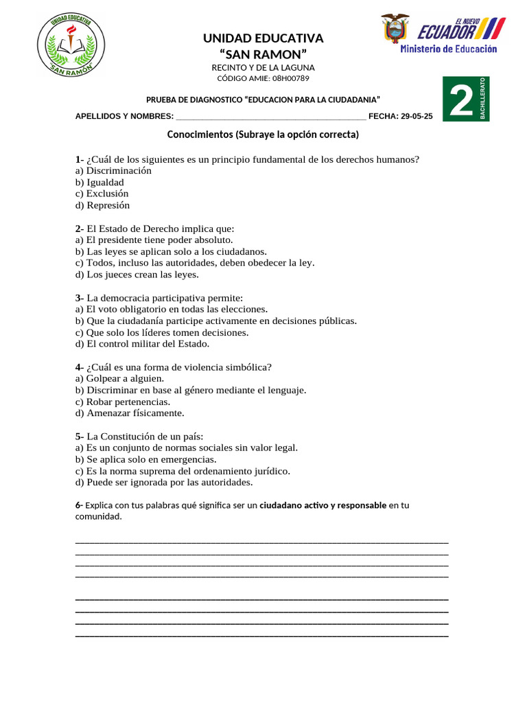 Prueba de Diagnostico 2bt Ciudadania | PDF