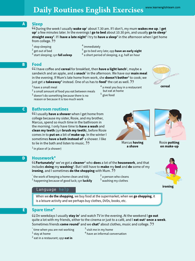 Daily Routines English Vocabulary Exercises | PDF | Lunch | Meal