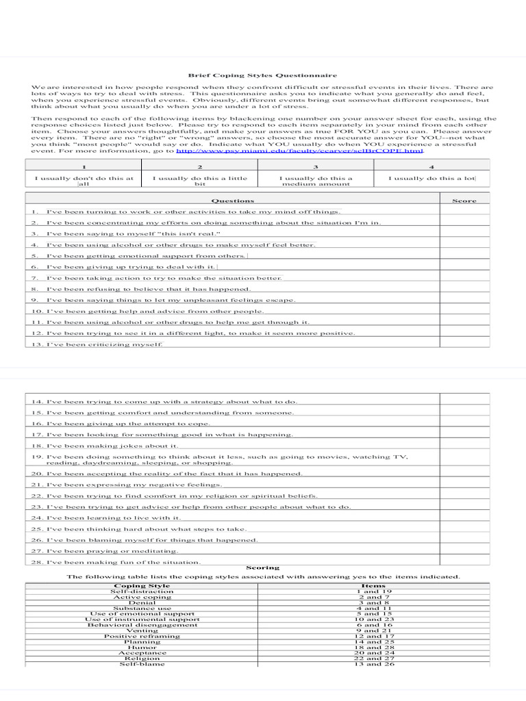 Coping Styles Questionnaire PDF Coping (Psychology) Social Psychology | PDF