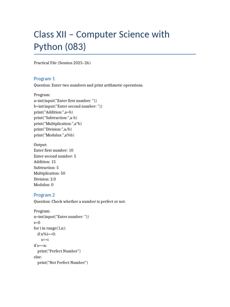 Class XII Practical Programs 1 To 20 | PDF | Computer Science ...
