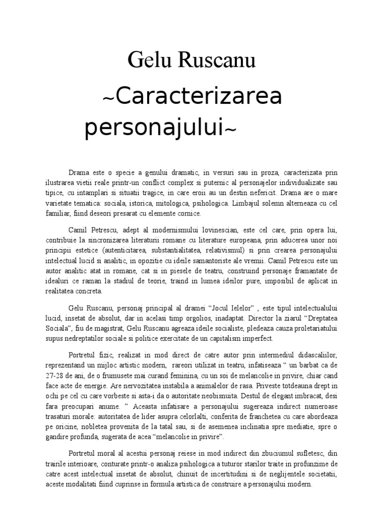 gelu caracterizarea personajului