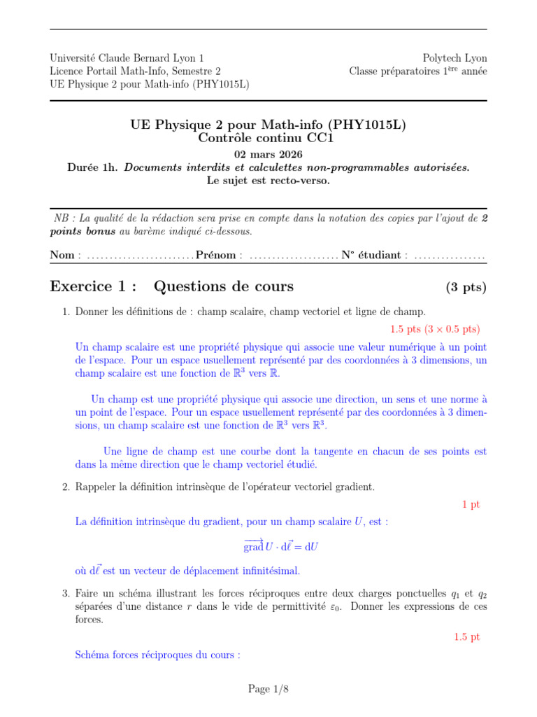 PHY1015L - CC1 - 02-03-2026 - Corrigé | PDF | Pente | Scalaire ...