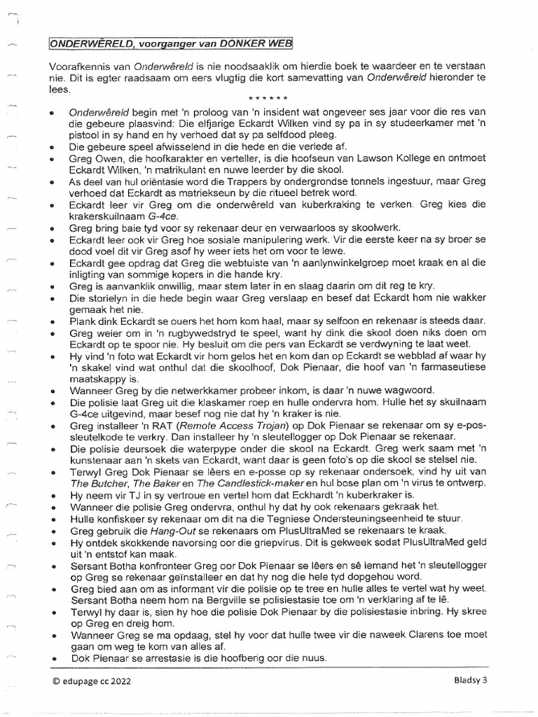 Donker Web Hoofstuk 1-16 Opsomming en Vrae | PDF