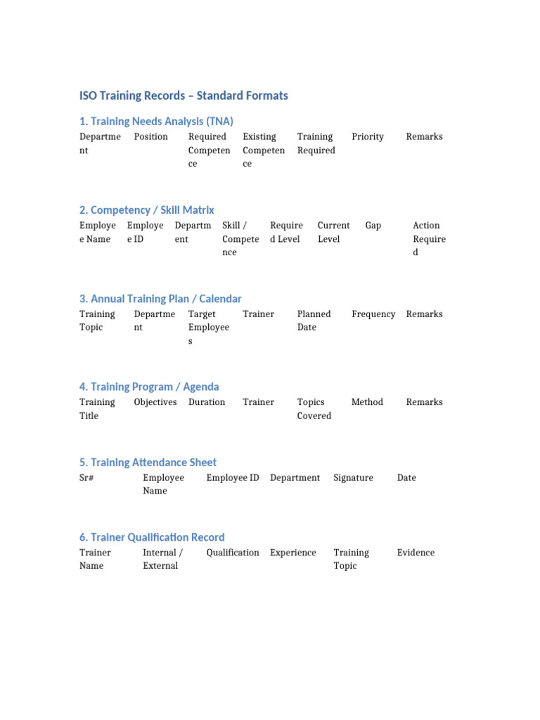 ISO Training Records Formats | PDF | Chess Theory