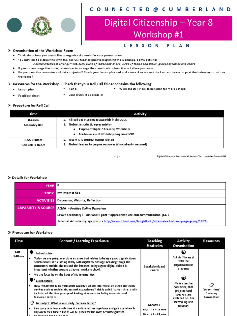Year 8 Digital Citizenship Guide | PDF | Online And Offline | Lesson Plan