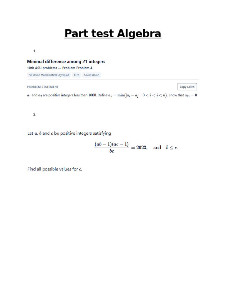 Part Test Algebra - Copy | PDF