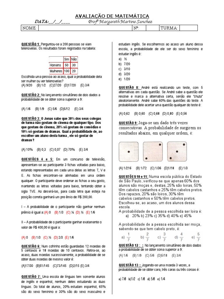 Exercícios De Probabilidade Com Gabarito 6 Ano