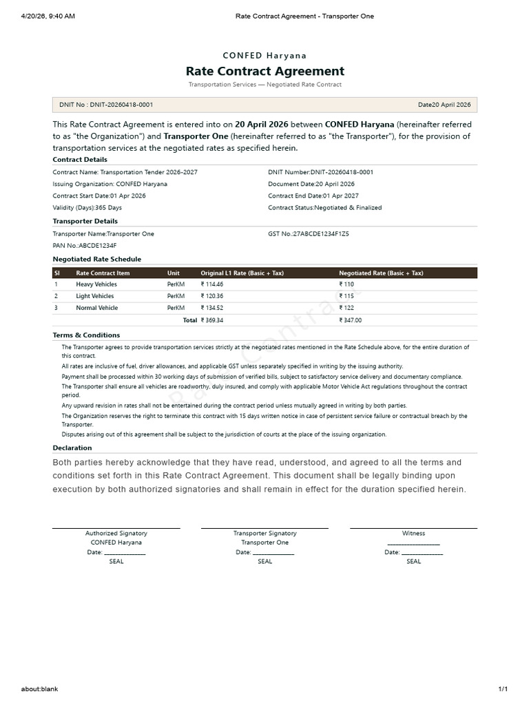 Rate Contract Agreement - Transporter One | PDF | Private Law | Justice