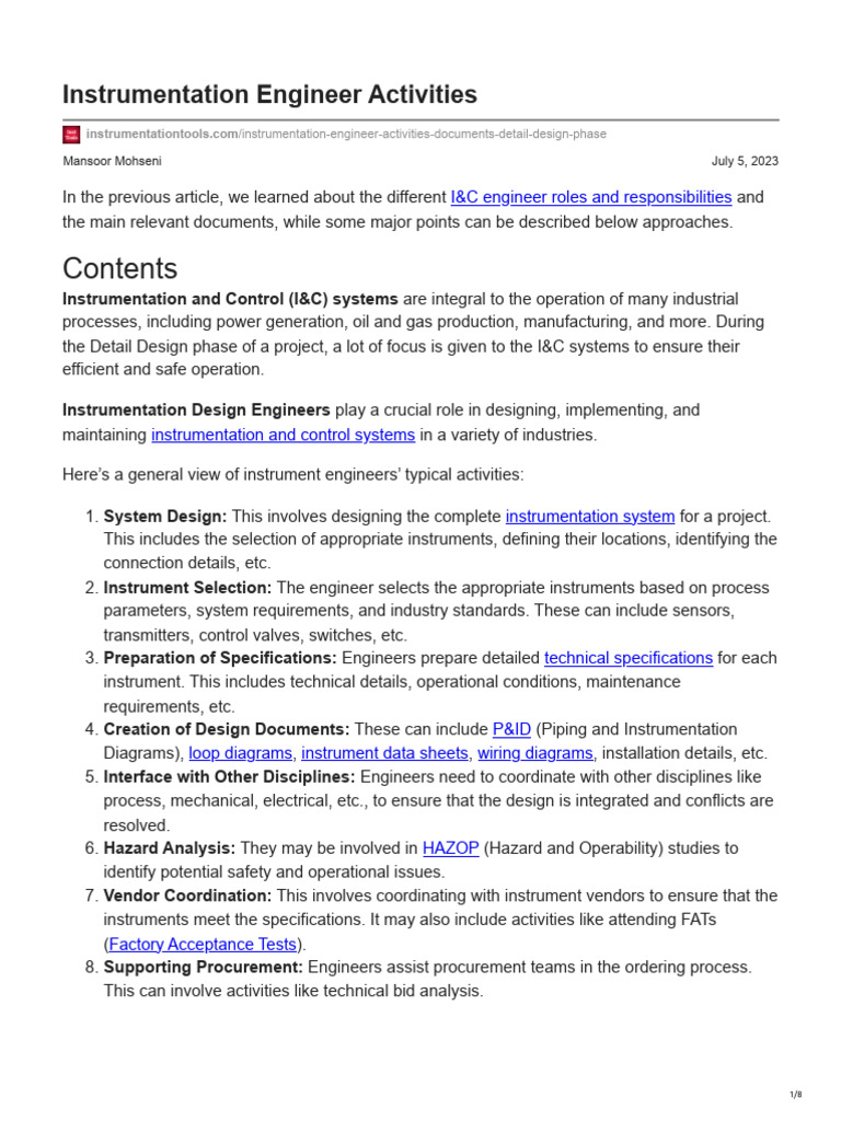 Instrumentation Engineer Activities | PDF | Instrumentation ...