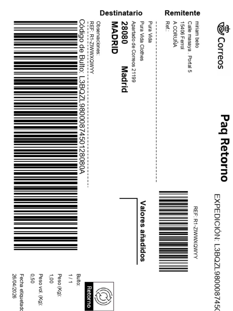Return Correos Ziwwxqwyy L3bqzl9800087450128080a | PDF