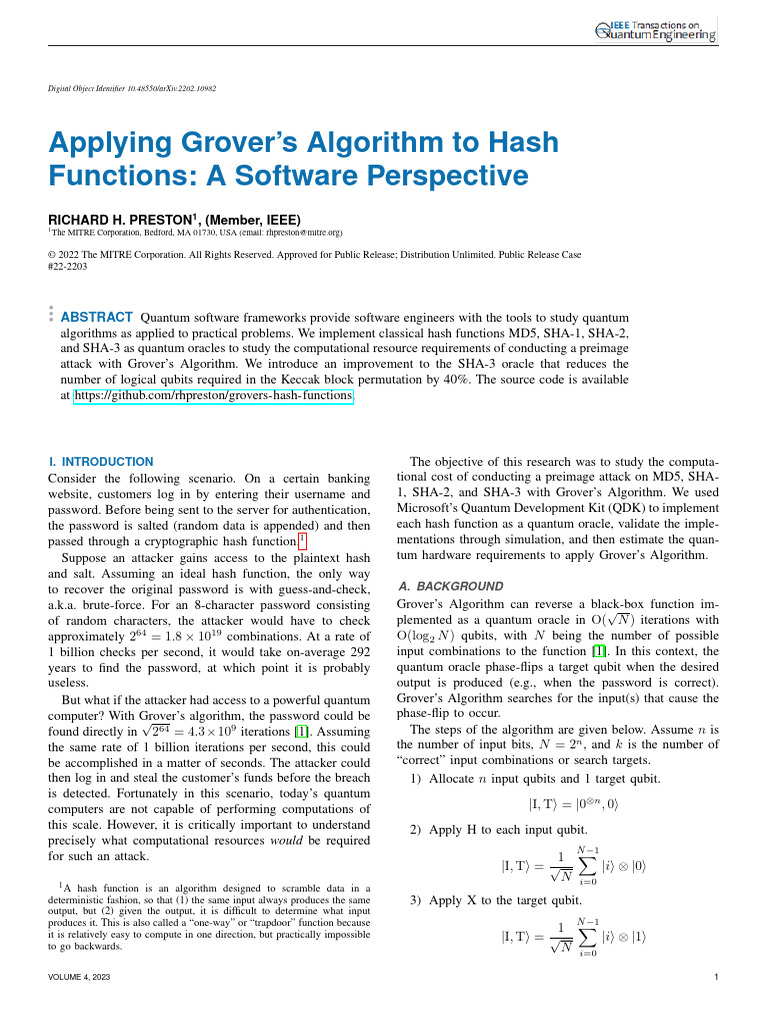 Applying Grovers Algorithm to Hash Functions a So | PDF | Quantum ...