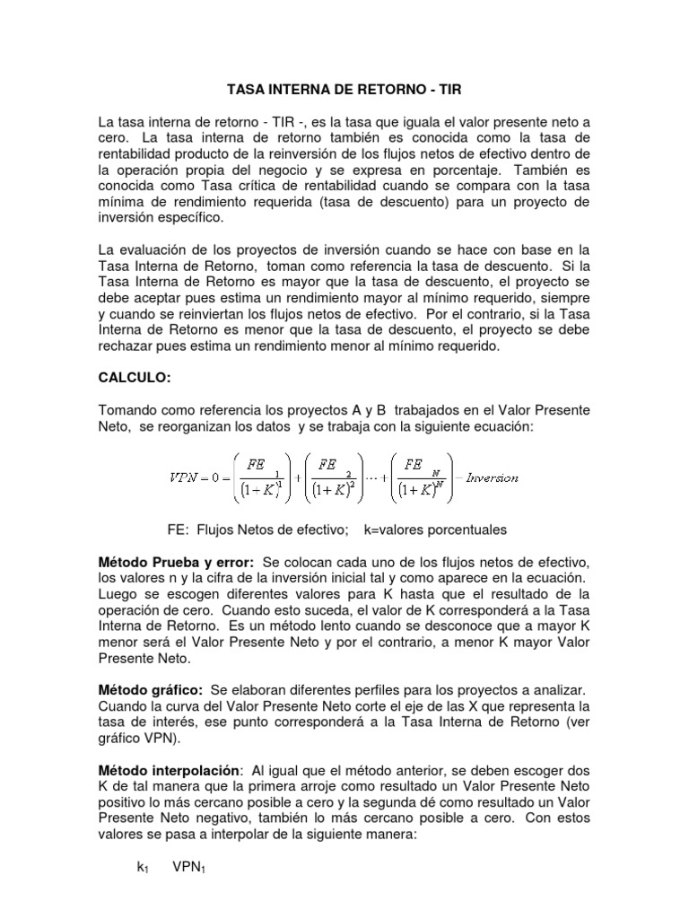 Tasa Interna de Retorno (TIR) en Proyectos | PDF | Tasa interna de ...