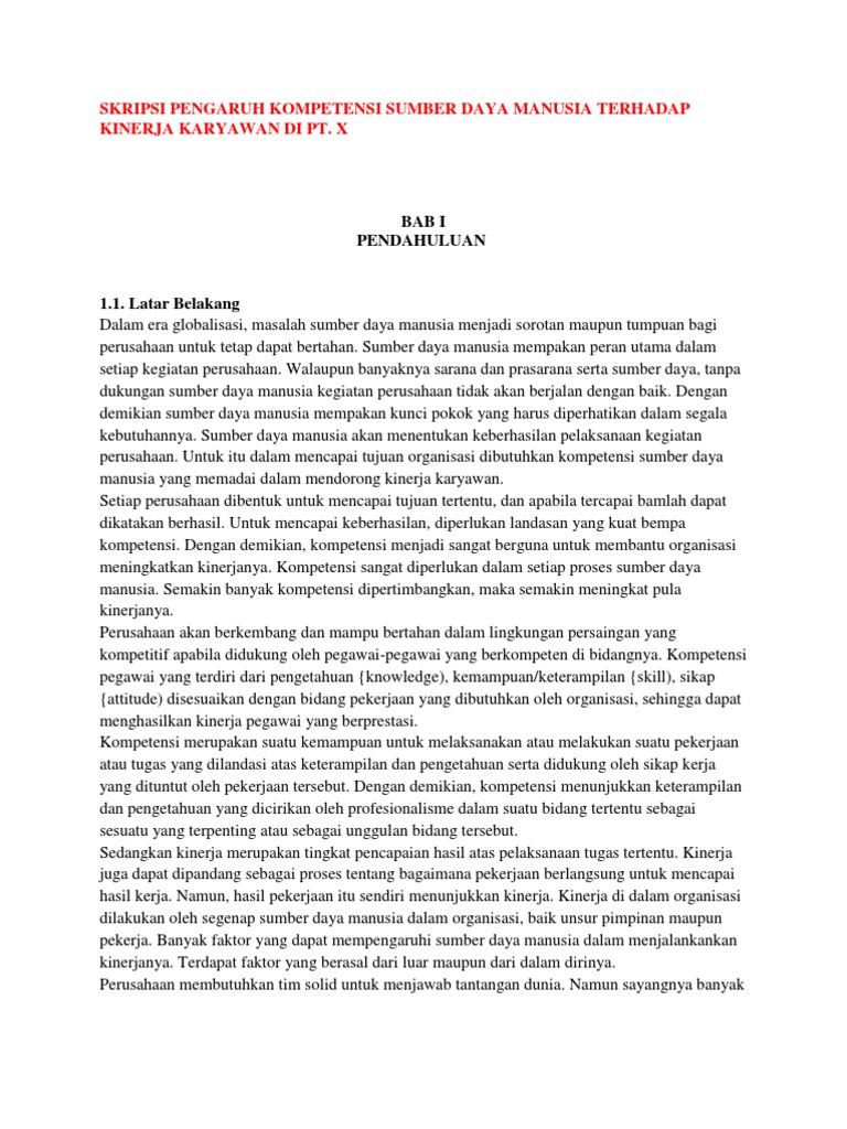 Skripsi Pengaruh Kompetensi Sumber Daya Manusia Terhadap Kinerja Karyawan Di Pt