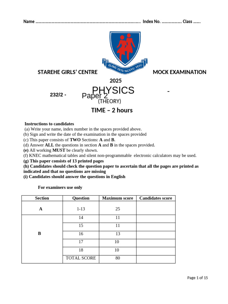 2025 Starehe G Phy PP2 | PDF | Electromagnetic Radiation | Voltage