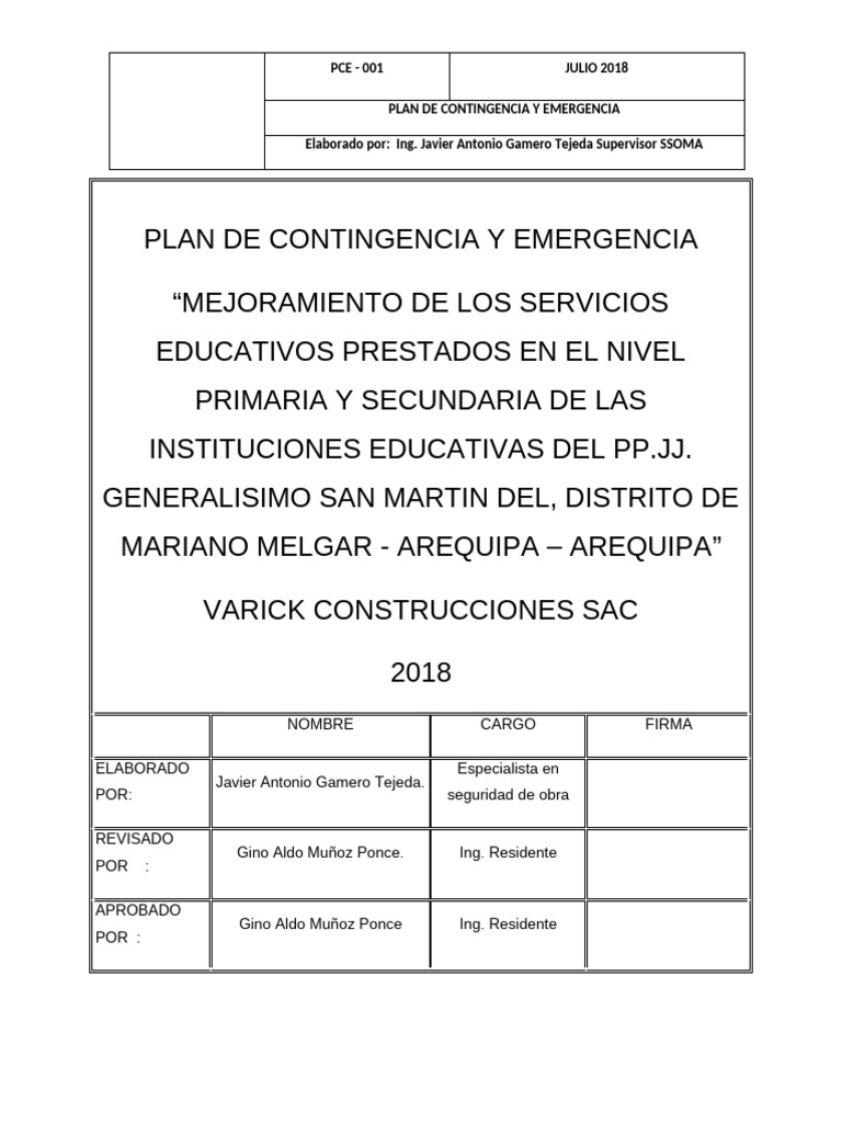 Plan de Emergencia y Contingencia | PDF | Riesgo | Seguridad y salud ...