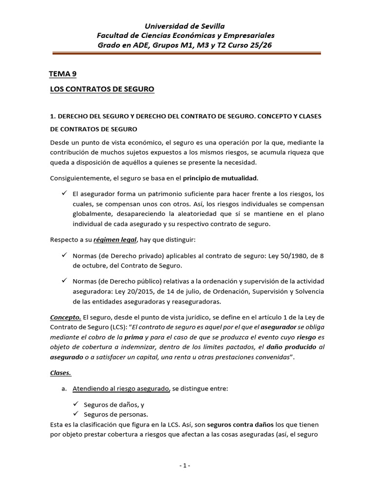 Tema 9 Derecho Mercantil | PDF | Póliza de seguros | Seguro