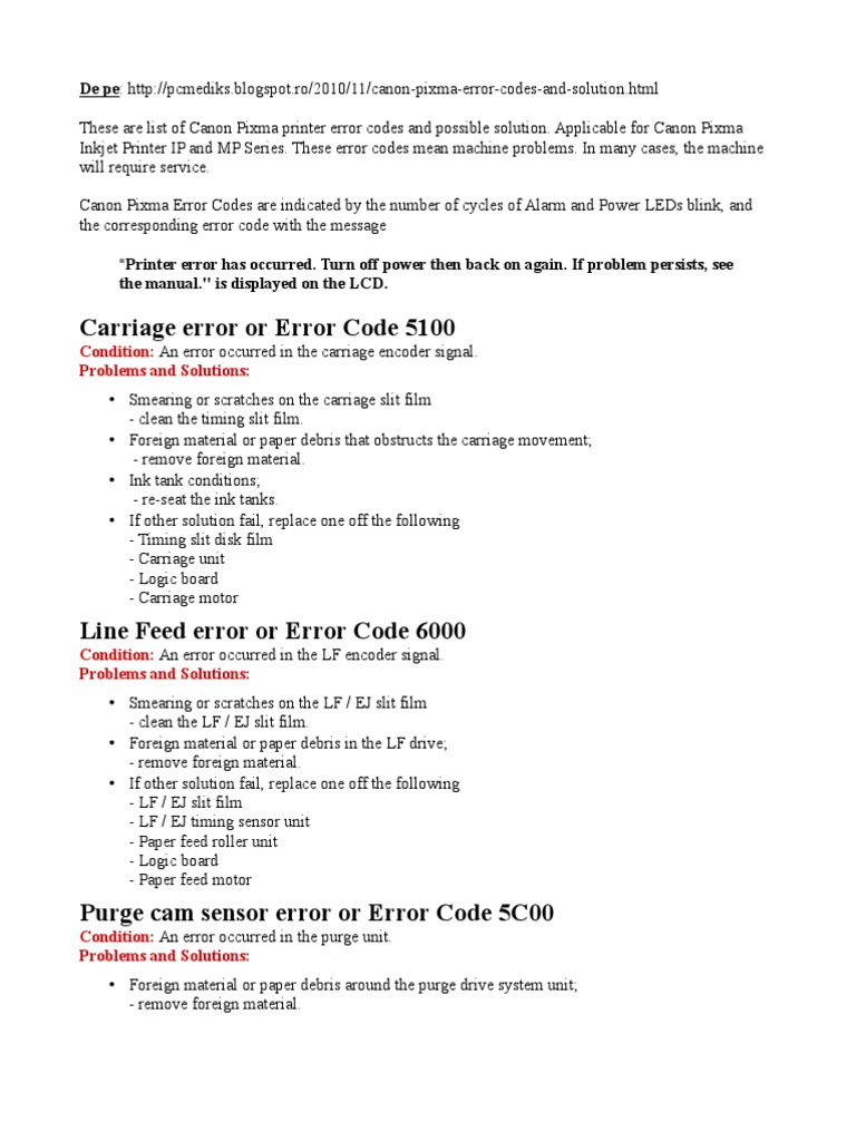 Canon Pixma MP630 Error Codes Guide | PDF | Printer (Computing ...