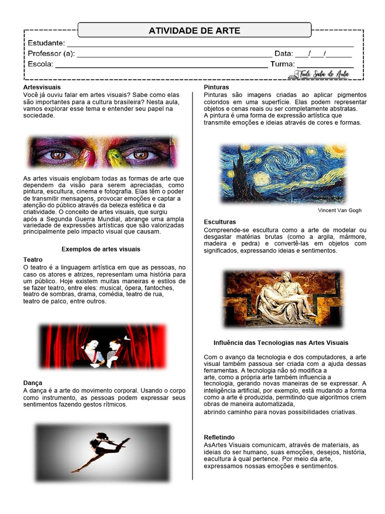 Atividade Artes Visuais | PDF | Pinturas | Estética
