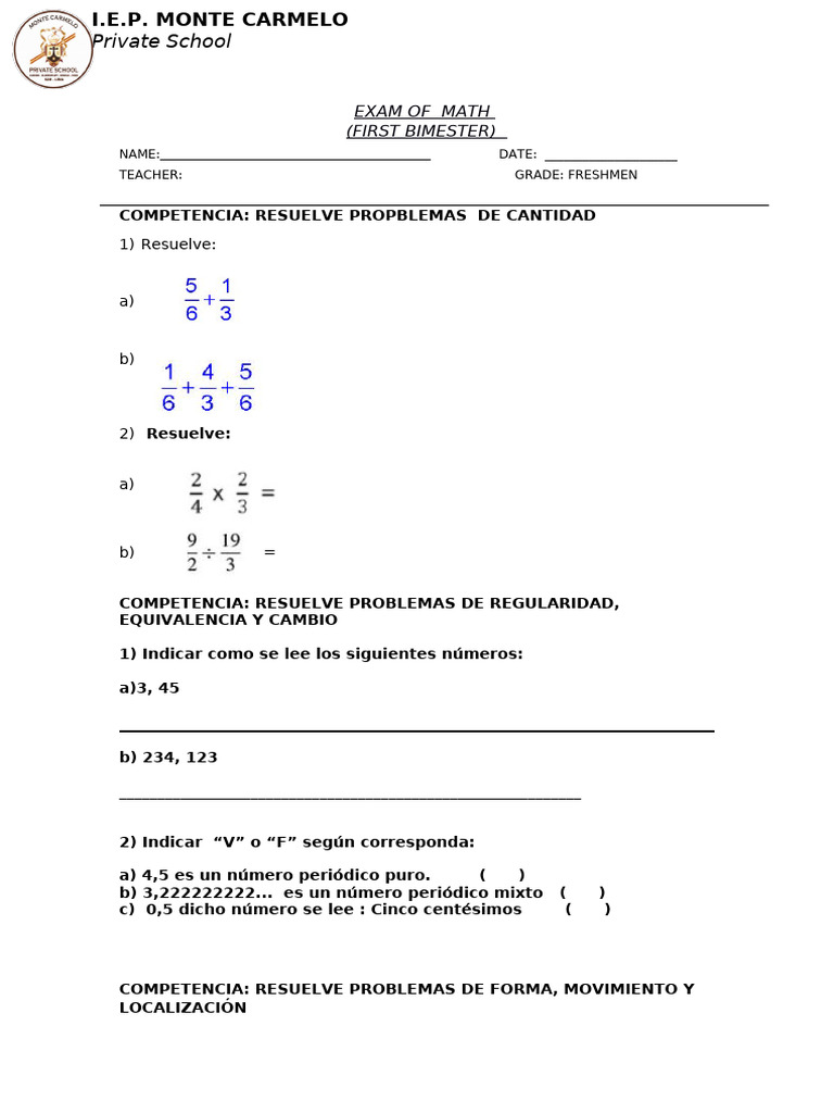 Exam Bimestral Math - Freshmen | PDF