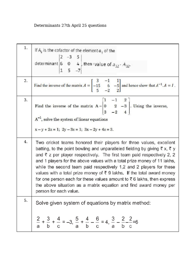 Matrices & Determinants Practice Document | PDF | Determinant | Matrix ...