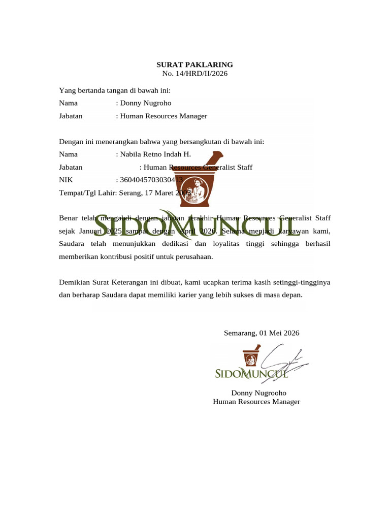 Surat Paklaring Sidomuncul | PDF