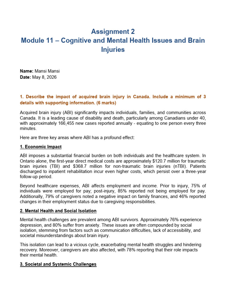 Cognitive and Mental Health Issues and Brain Issues Assignment II | PDF ...