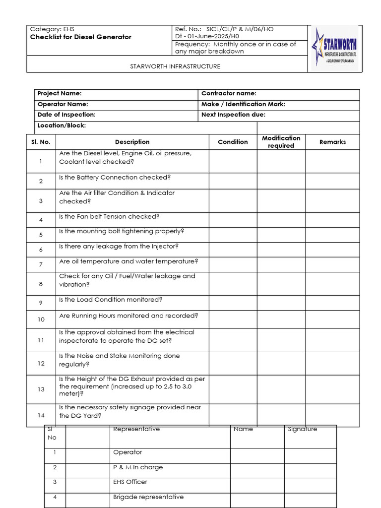 Checklist - Diesel Generator | PDF