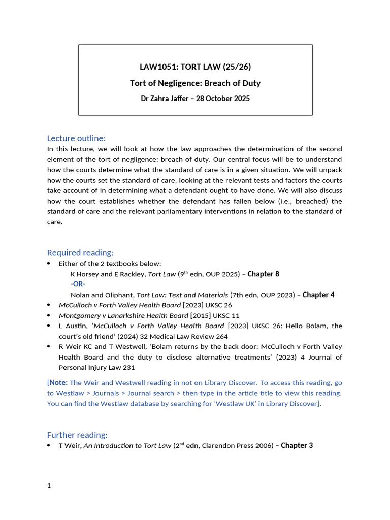 Lecture 4 Handout - Breach of Duty | PDF | Civil Law (Legal System) | Rules